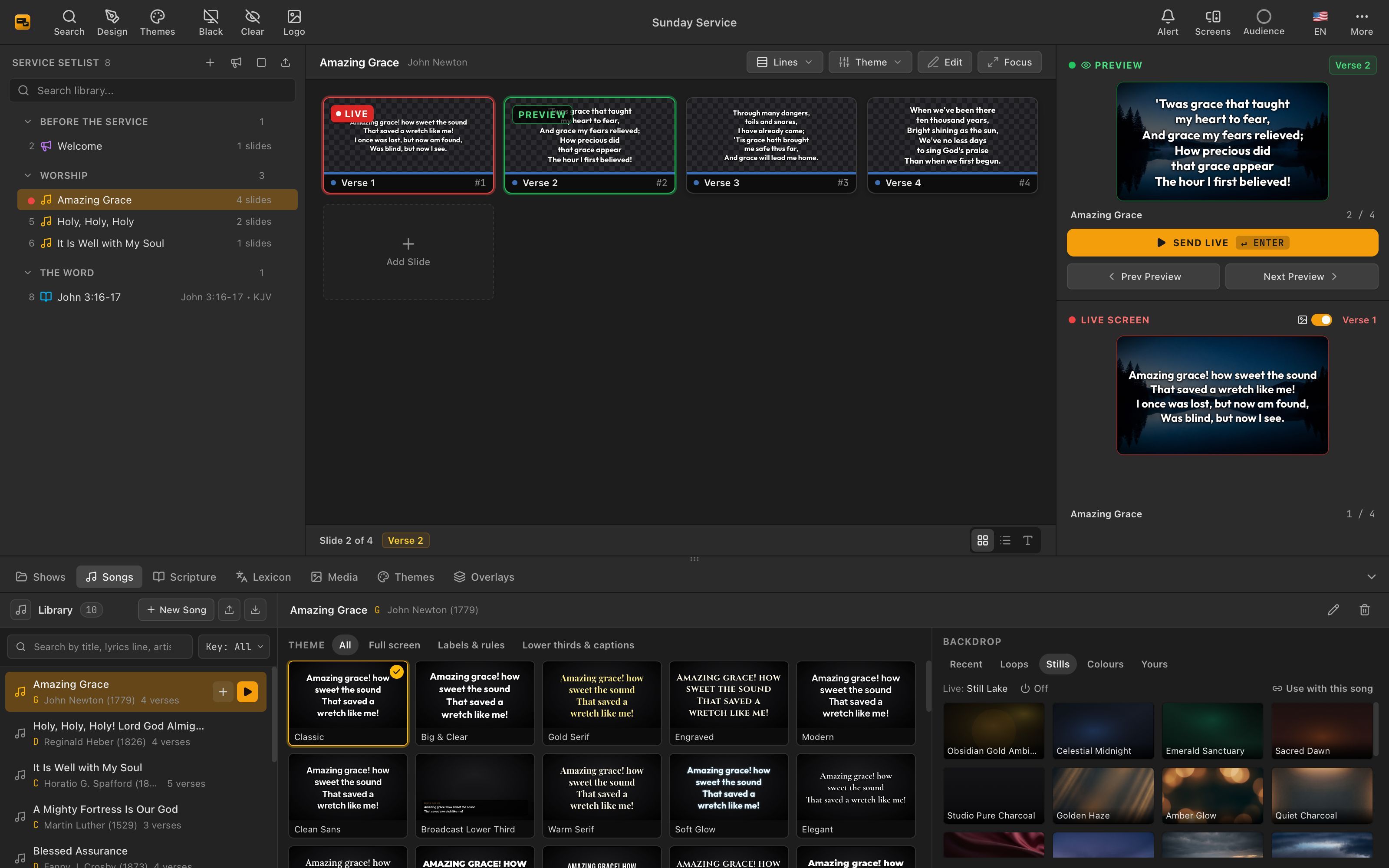 StagePro on a laptop: the live lyric slide on the right, the next verse in preview, and the song library below