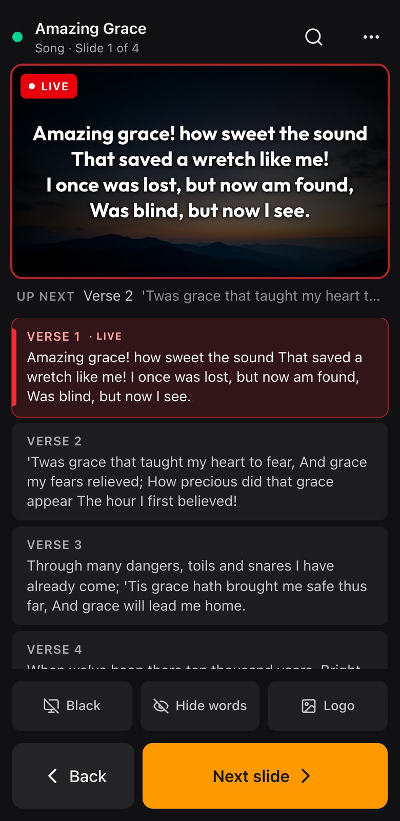 The StagePro phone remote showing the live verse and a Next slide button