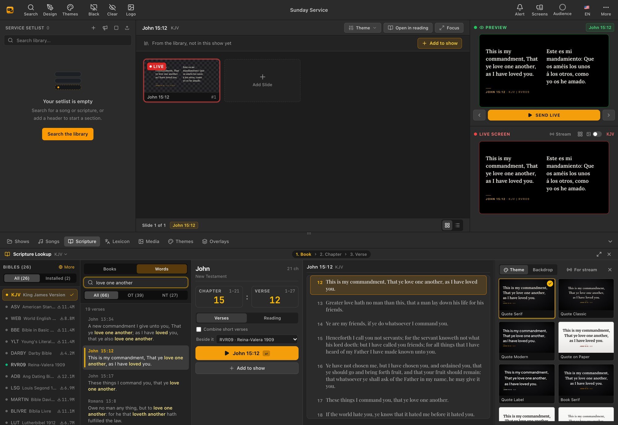 StagePro scripture lookup showing John 15:12 in English and Spanish