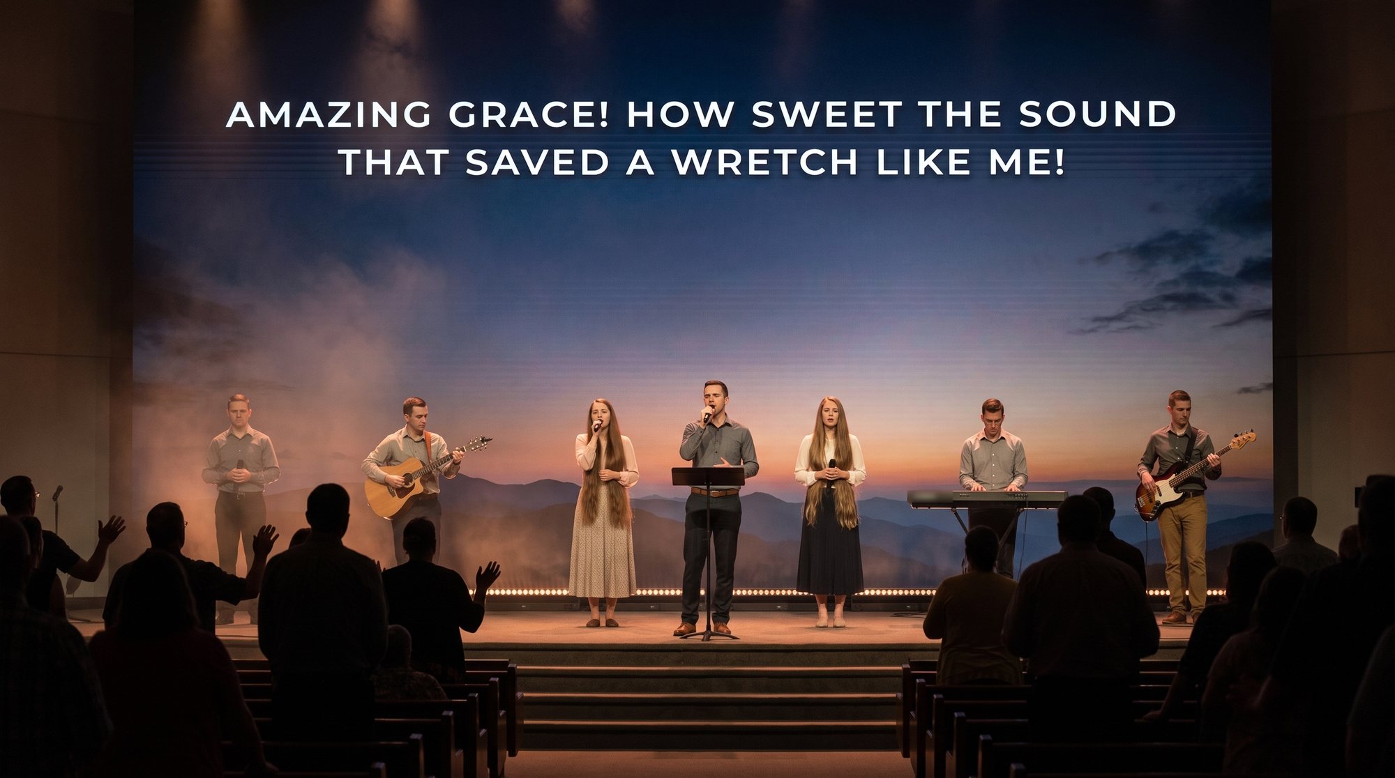 A worship team leads a song while StagePro shows the lyrics on the wall screen behind them